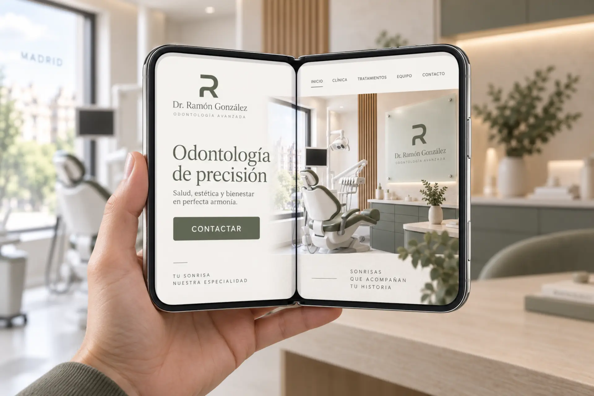 Página web responsive de una clínica dental mostrada en un móvil plegable
