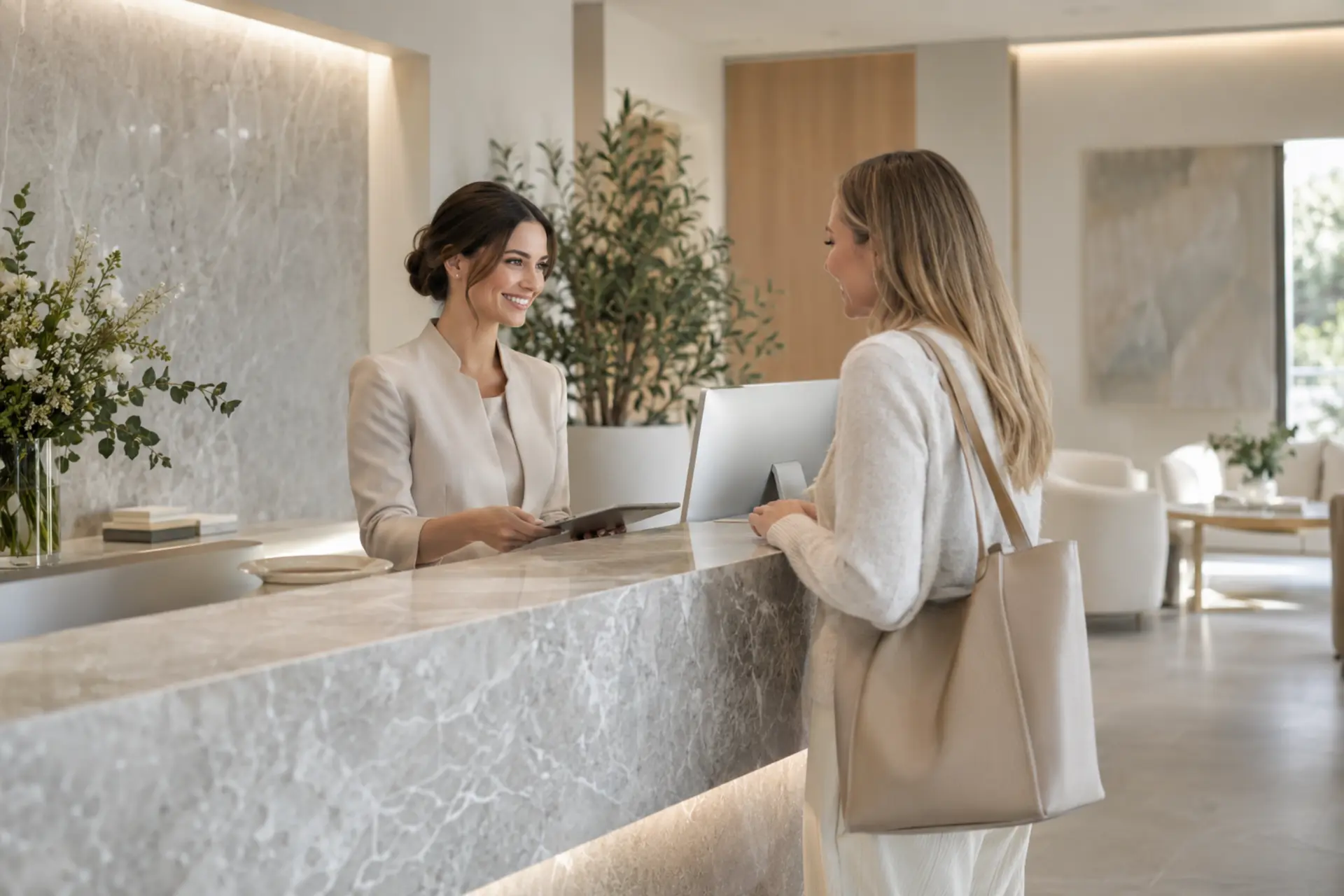 Recepcionista atendiendo a una paciente en una clínica