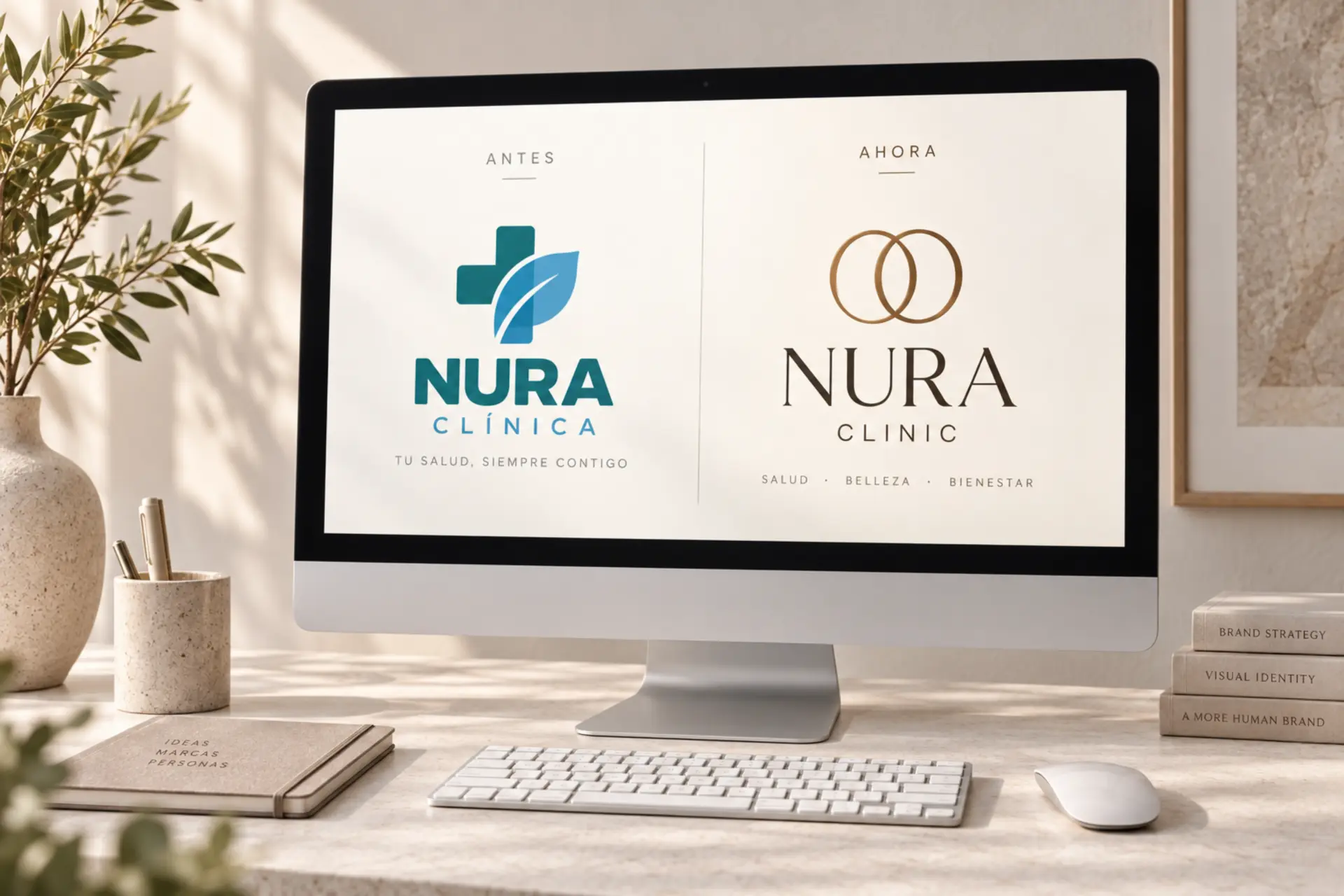 Comparación antes y después de un rebranding de clínica en un monitor