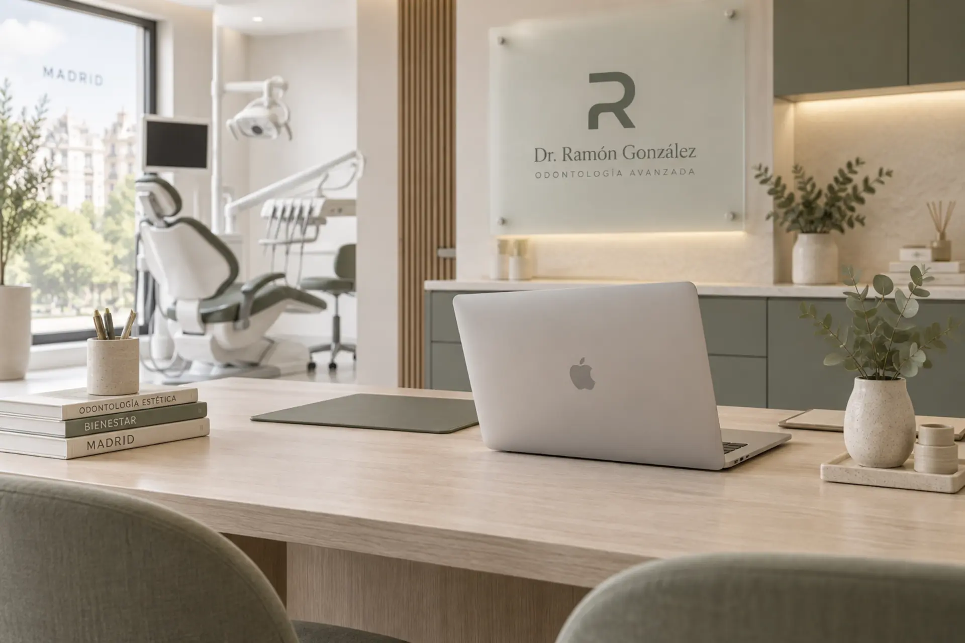 Portátil en la recepción de una clínica dental con identidad de marca