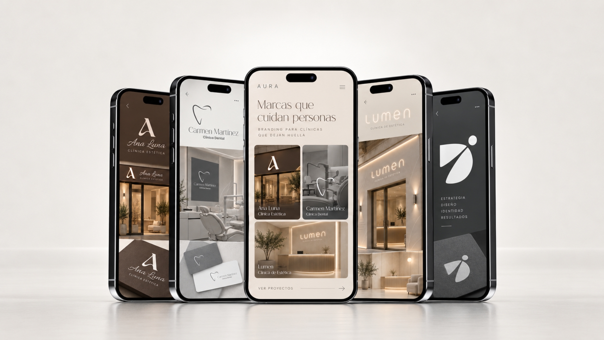 Cinco iPhones mostrando identidades de marca de clínicas diseñadas por Aura Brand Design